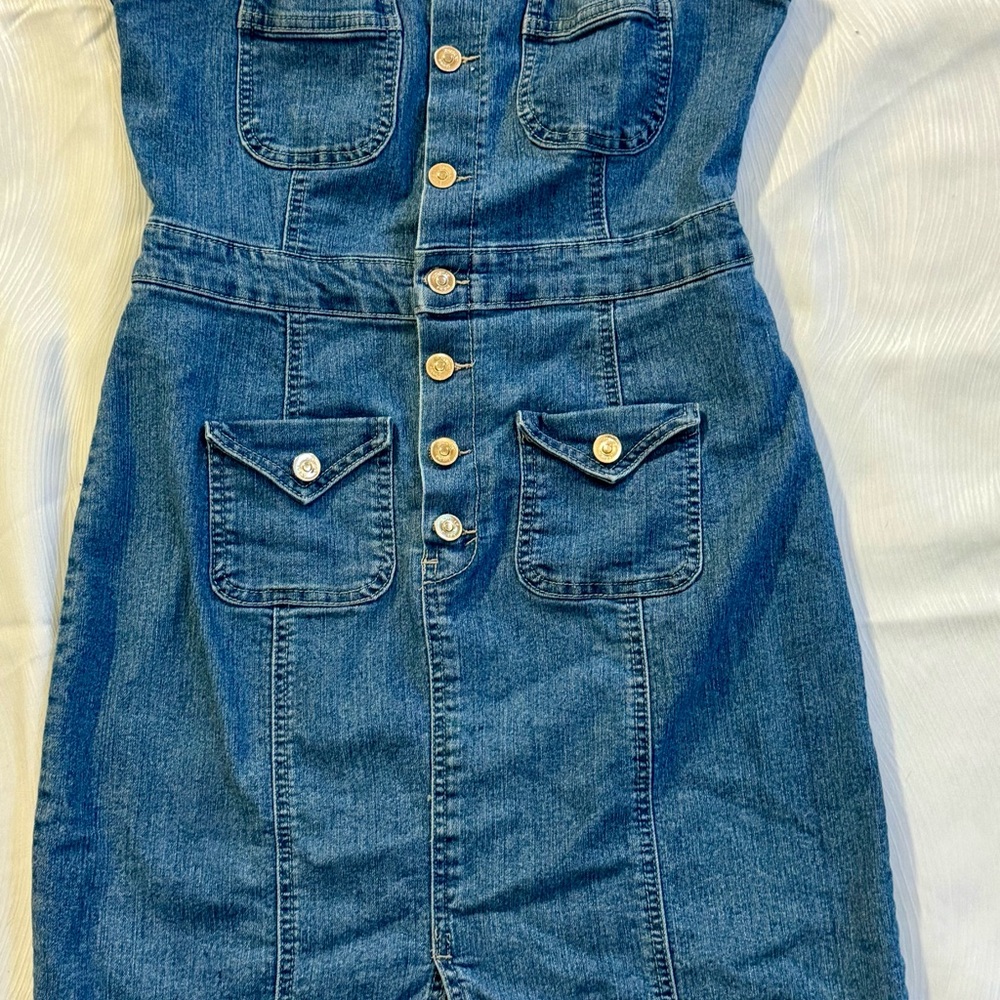 Highway Jeans Denim Button Front Dress Adjustable Straps & Pockets L